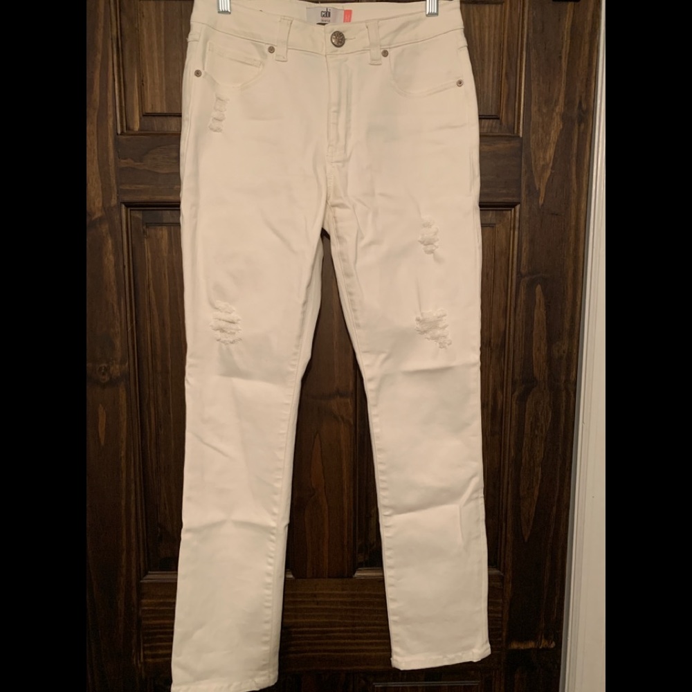 Cabi High Slim White Distressed Jeans